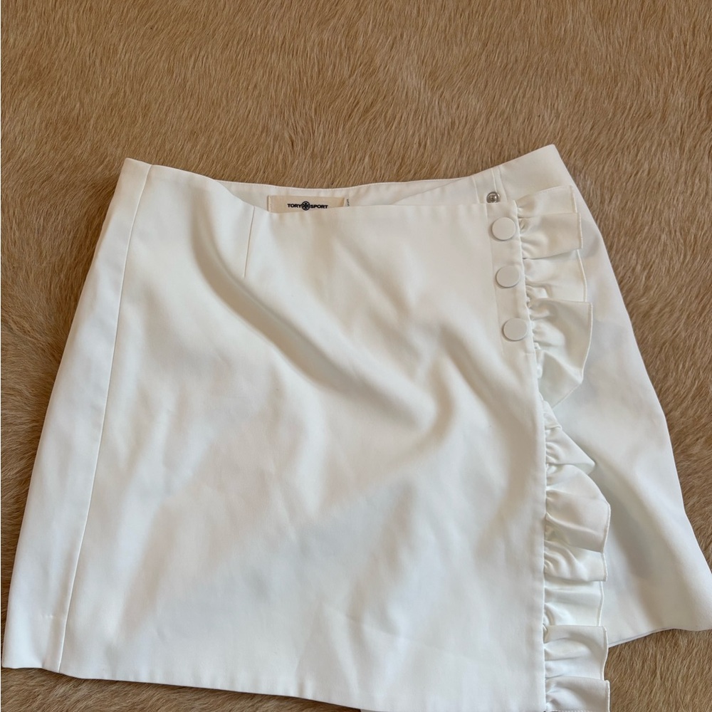 Tory Sport White Ruffle Mini Skirt